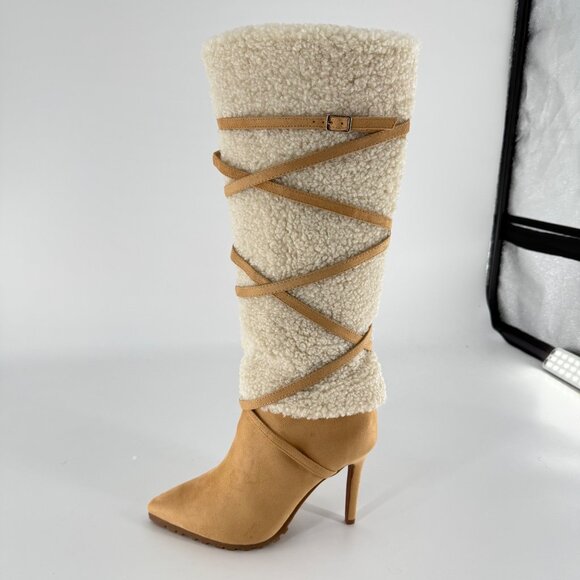 Thalia Sodi Tan Suede & Faux Fur Knee-High Heeled Boots, 7.5 - Picture 10 of 11